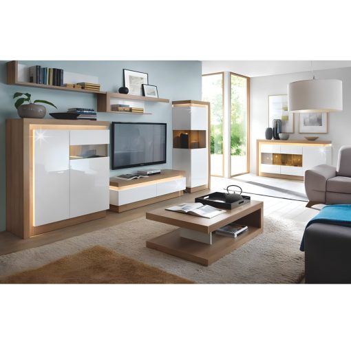 Komód LYOV04P, tölgy riviera/fehér extra magasfényű, LEONARDO