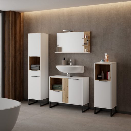 Tükör LED világítással, fehér/artisan tölgy, CUBO CUB04