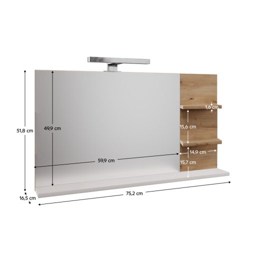 Tükör LED világítással, fehér/artisan tölgy, CUBO CUB04